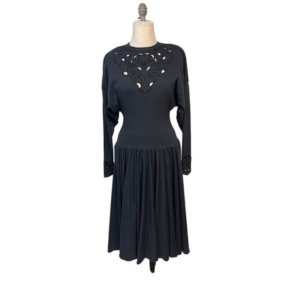 Bonnie Strauss Navy Blue 1970's Cutaway embroidery Dress 6 - Picture 1 of 5